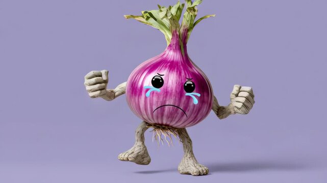 Sad looking onion with its eyes closed and its mouth open. It looks like it's crying