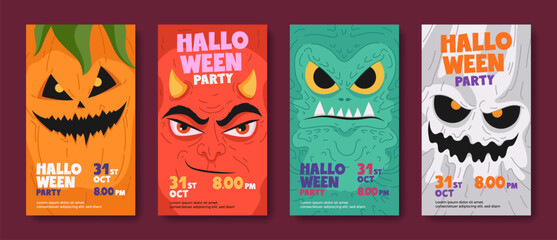 Cartoon invitations set with faces of monster characters for Halloween party. Hand drawn heads of pumpkin, devil, crazy monster, ghost. Holiday template design for print, flyer, social media