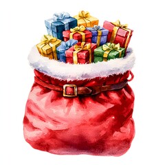 Colorful Watercolor Illustration of Santa's Red Sack with Gifts