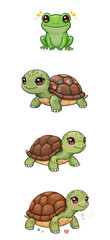 Obraz premium Cute Cartoon Frog and Turtle Characters with Flowers and Stars png clear alpha channel cutout isolated on transparent background