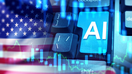Artificial intelligence and technology. Keyboard key with AI symbol overlaid with US flag and stock market graphics, representing innovation, digital economy, and AI development in America.