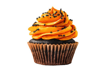 Watercolor halloween cupcake with orange frosting and black sprinkles isolated on transparent background