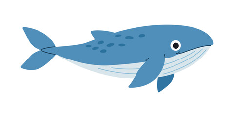 Obraz premium Cute blue whale illustration on a white background, perfect for children’s educational projects, marine life awareness, creative ocean-themed designs, and playful artistic decorations