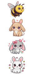 Naklejka premium Cute Kawaii Bee and Bunnies with Hearts and Flowers png clear alpha channel cutout isolated on transparent background