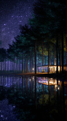 Modern cabin illuminated at night by forest lake with starry sky, reflective water mirroring trees and stars, peaceful wilderness retreat under Milky Way, secluded lakeside house in woods
