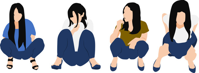 しゃがんでいる女性のイラストセット