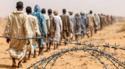 Poor refugees procession along barbed wired fence
