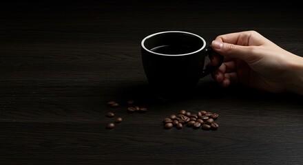 Black Coffee Cup Held by Hand with Scattered Coffee Beans on Dark Wood Surface