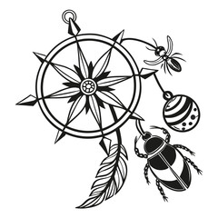 Black and white illustration of a compass rose with dangling beetle, ant, feather, and striped orb