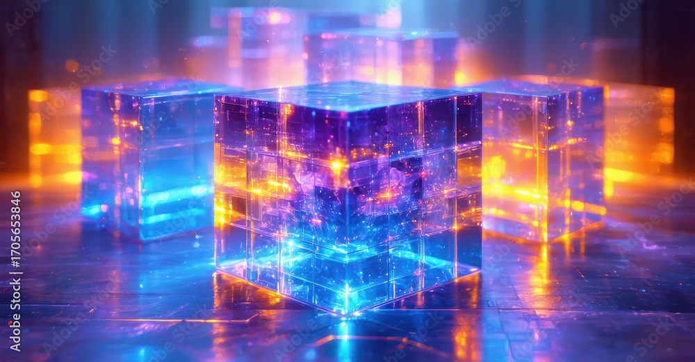 Poster glowing cubes illuminate dark space. vibrant colors blend, creating futuristic aesthetic. complex in