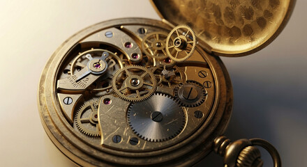 Photo of intricate golden gears and mechanisms of an open pocket watch, showcasing detailed craftsmanship