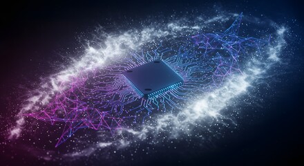 Naklejka premium AI chip with glowing quantum circuits and nebula ring symbolizing intelligent processing digital networks and futuristic tech consciousness