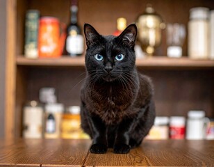 A black cat with striking blue eyes sits intently on a wooden surface, a blurred pantry shelf behind it.
