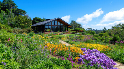 Beautiful house surrounded by vibrant flowers and lush greenery under clear blue sky creates serene and inviting atmosphere