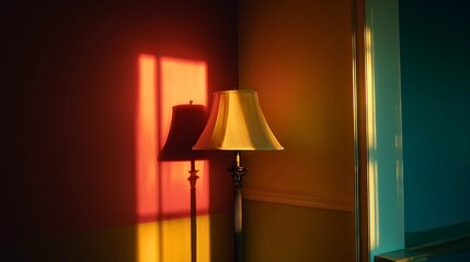 Warm golden hour sunlight streams through a window casting dramatic shadows on a floor lamp and wall