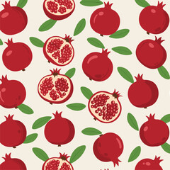 Seamless Pomegranate Pattern: Juicy Red Fruit and Green Leaves