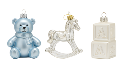 Cute blue teddy bear, white rocking horse, and ivory baby blocks Christmas ornaments, perfect for holiday decorations and nursery themes