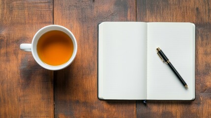 Morning routine inspiration cozy coffee and open journal on rustic table home office still life warm atmosphere top-down view productivity concept