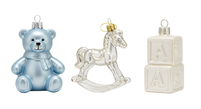Cute blue teddy bear, white rocking horse, and ivory baby blocks Christmas ornaments, perfect for holiday decorations and nursery themes