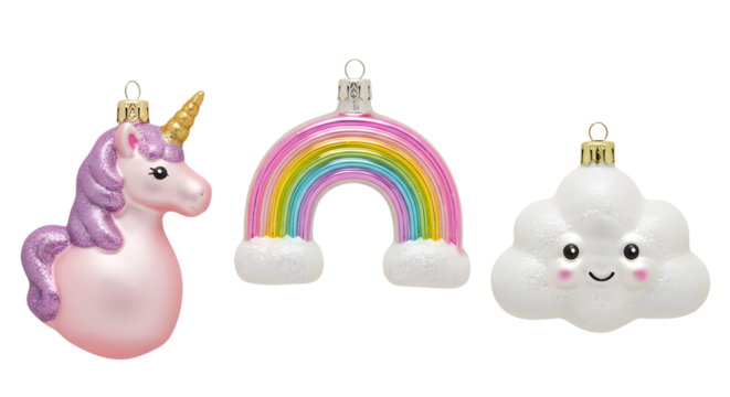 Cute unicorn, rainbow, and smiling cloud Christmas ornaments with pastel colors and gold caps, perfect for festive holiday decorations