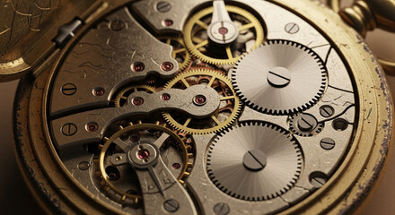 Photo of intricate clockwork mechanism of an antique pocket watch, showcasing detailed gears and springs