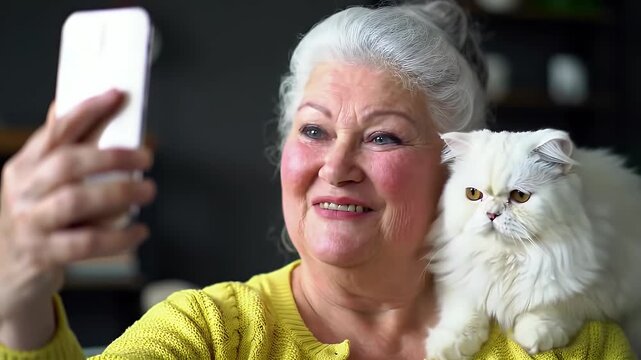 Senior woman selfies with fluffy cat.
