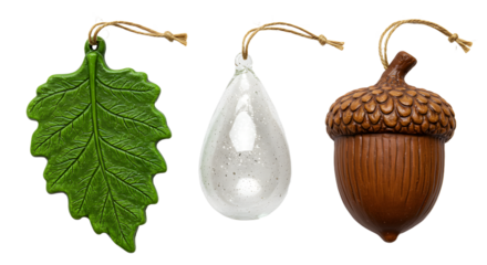Autumn themed hanging decorations including a green leaf, clear glass pear, and brown acorn, perfect for fall and Thanksgiving decor