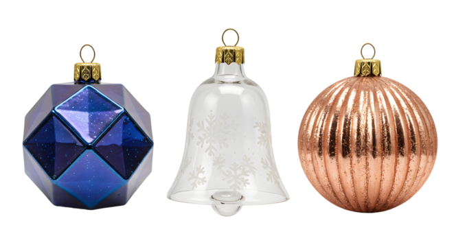 Set of blue geometric, white bell, and copper striped Christmas tree ornaments isolated on white background, perfect for holiday decorations - Powered by Adobe