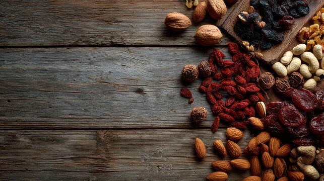 Rustic wooden background with dried fruits and nuts, perfect for healthy snack concepts and showcasing natural food ingredients