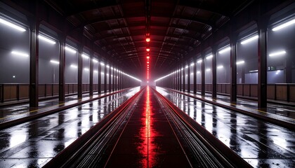 Fototapeta premium Empty Train Platform with Red Lights and Water Puddles
