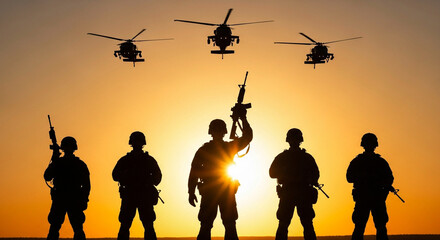 Photo of silhouetted soldiers stand guard against a vibrant sunset sky with helicopters flying overhead © Ruman