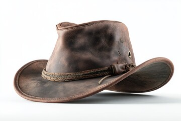 Brown leather cowboy hat, slightly angled, on a white background.  Distressed leather with subtle wear patterns.  A decorative braided leather band accents the brim