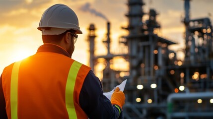 Worker reviewing safety protocols industrial plant photography sunset background close-up perspective workplace safety awareness