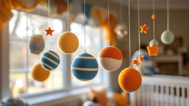Colorful space mobile hanging above a nursery window