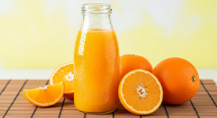 Photo of a refreshing bottle of fresh orange juice sits amongst whole and sliced oranges on a bamboo mat