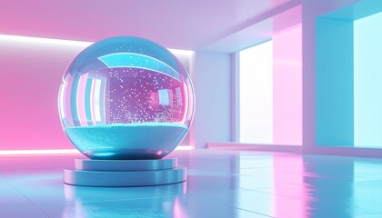 Modern Ai with futuristic and digital and motion blur aesthetic in a minimalist room inside a giant snow globe