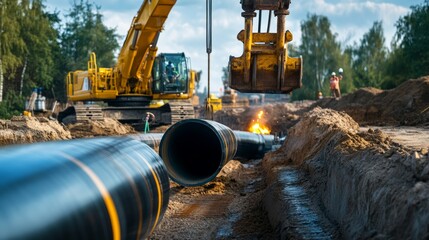 Excavation and pipe installation construction site industrial work urban environment ground level view infrastructure development