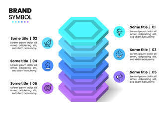 Infographics template. Tower with hexagons and 6 steps