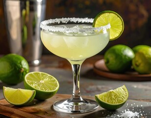 A refreshing margarita cocktail with a salted rim and lime garnish sits on a wooden surface.