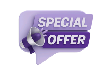 3d illustration of a purple speech bubble with a megaphone announcing a special offer isolated on transparent background