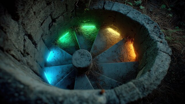 A spiral stone staircase illuminated by vibrant neon lights creates a mystical ambiance, perfect for fantasy-themed projects, promotional materials, or as an intriguing background in digital art,