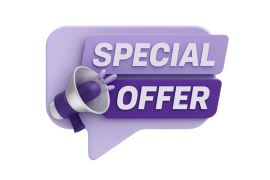 3d illustration of a purple speech bubble with a megaphone announcing a special offer isolated on transparent background