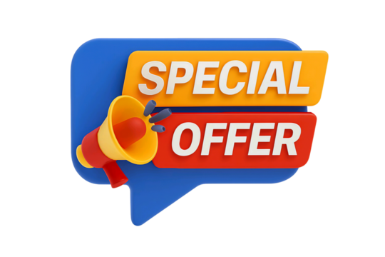 3d rendering of a megaphone announcing a special offer with text on a blue speech bubble isolated on transparent background