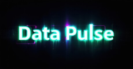 Obraz premium Bright text reads Data Pulse over dark background. Digital lines create futuristic effect. Minimalist design focuses on title.