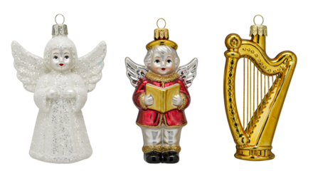Christmas tree ornaments featuring angel figurines and a golden harp decoration, perfect for holiday decorating and festive celebrations
