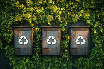 Three rusty recycling bins with white recycling symbols green leafy background outdoor setting environmental awareness waste management eco friendly sustainability nature greenery metal containers