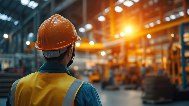 Production worker observing automated machinery industrial warehouse photograph busy environment side view manufacturing efficiency