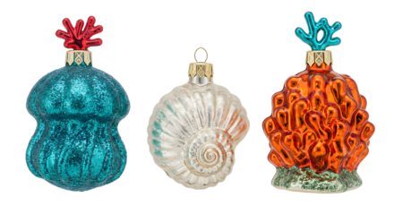 Set of three vintage glass Christmas tree ornaments shaped like sea creatures and coral in blue, white, and orange, perfect for holiday decoration