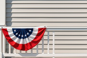patriotic american flag bunting hanging on white residential railing during sunny summer day