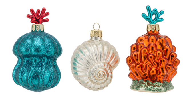 Set of three vintage glass Christmas tree ornaments shaped like sea creatures and coral in blue, white, and orange, perfect for holiday decoration